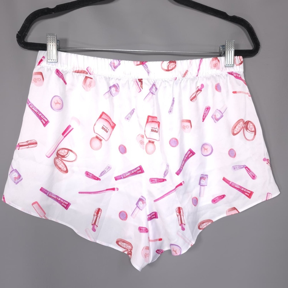 VICTORIA'S SECRET PINK New MEDIUM Pajama Set Satin Cami Shorts Makeup Print Logo - Picture 9 of 16